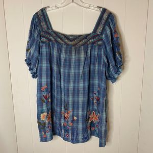 Johnny Was Womens Aimee Puff Blouse Peasant Sleeve Plaid Embroidered Floral Boho